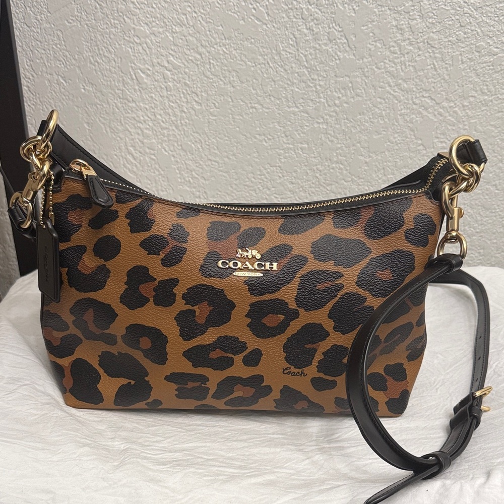 Coach Leopard Shoulder Bag - Tan and Black gold hardware